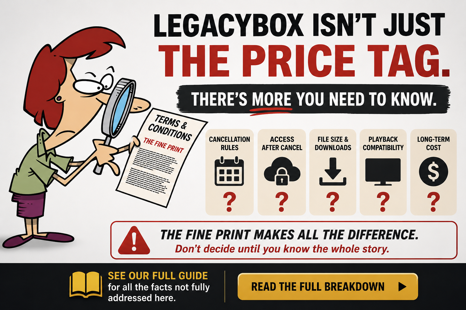 LegacyBox isn't just the price tag — cancellation rules, access after cancel, file size and downloads, playback compatibility, and long-term cost all matter before you decide. See the full guide.