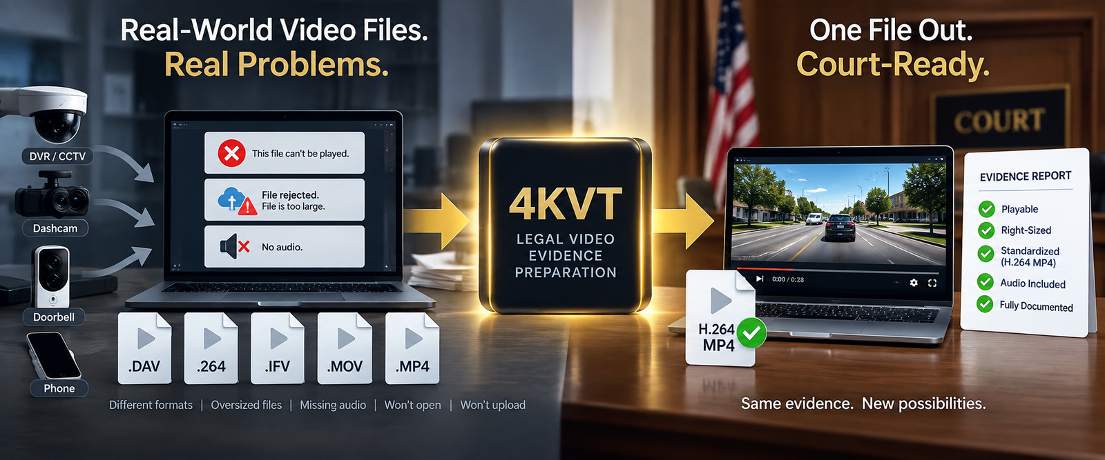 Real-world video files with real problems — DVR, dashcam, doorbell and phone footage that won't open, is too large, or has no audio — prepared by 4KVT into one court-ready H.264 MP4 with a full evidence report.