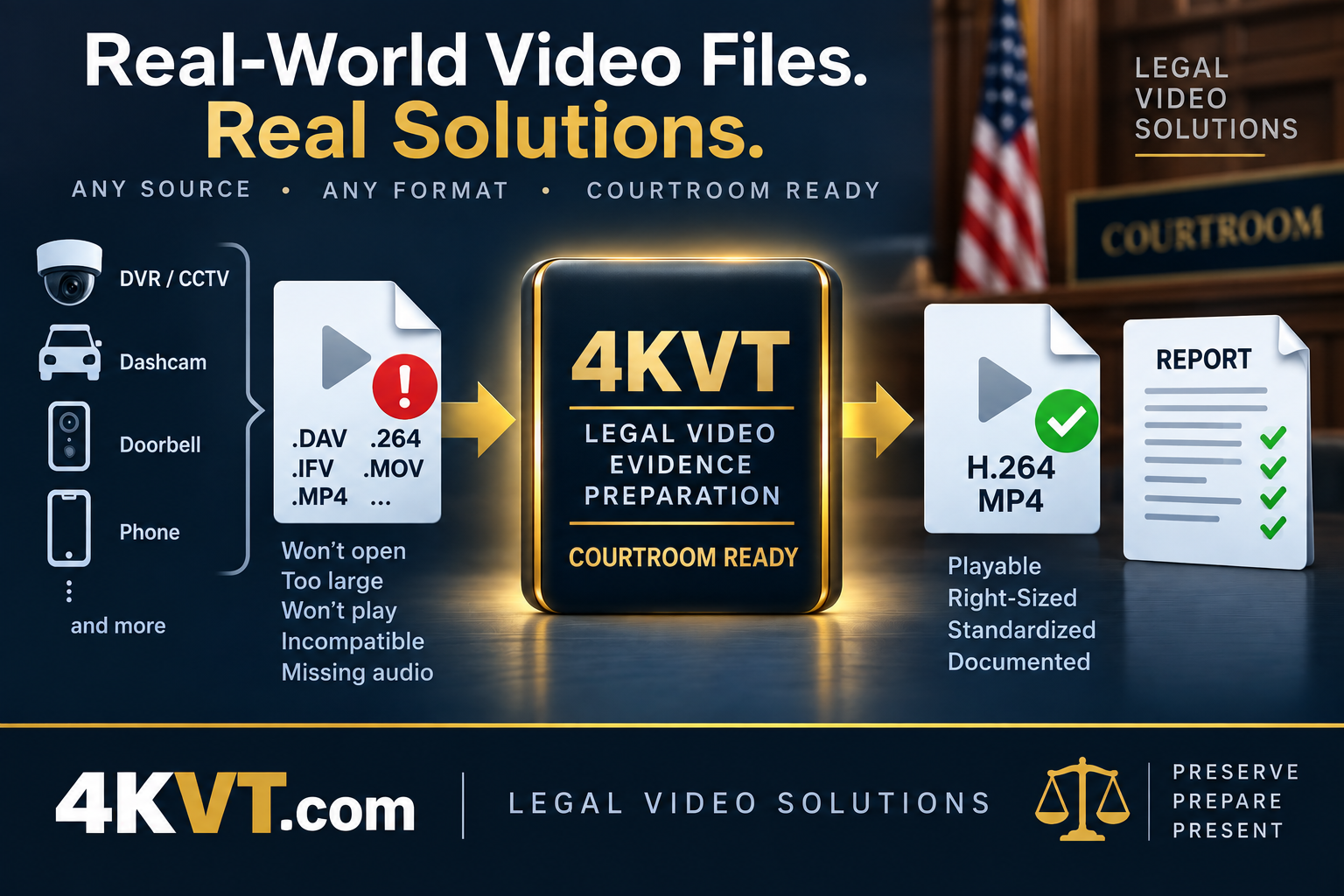 Real-world video files, real solutions — DVR, dashcam, doorbell and phone footage that won't open, is too large, or won't play, prepared by 4KVT into a playable, standardized, documented H.264 MP4
