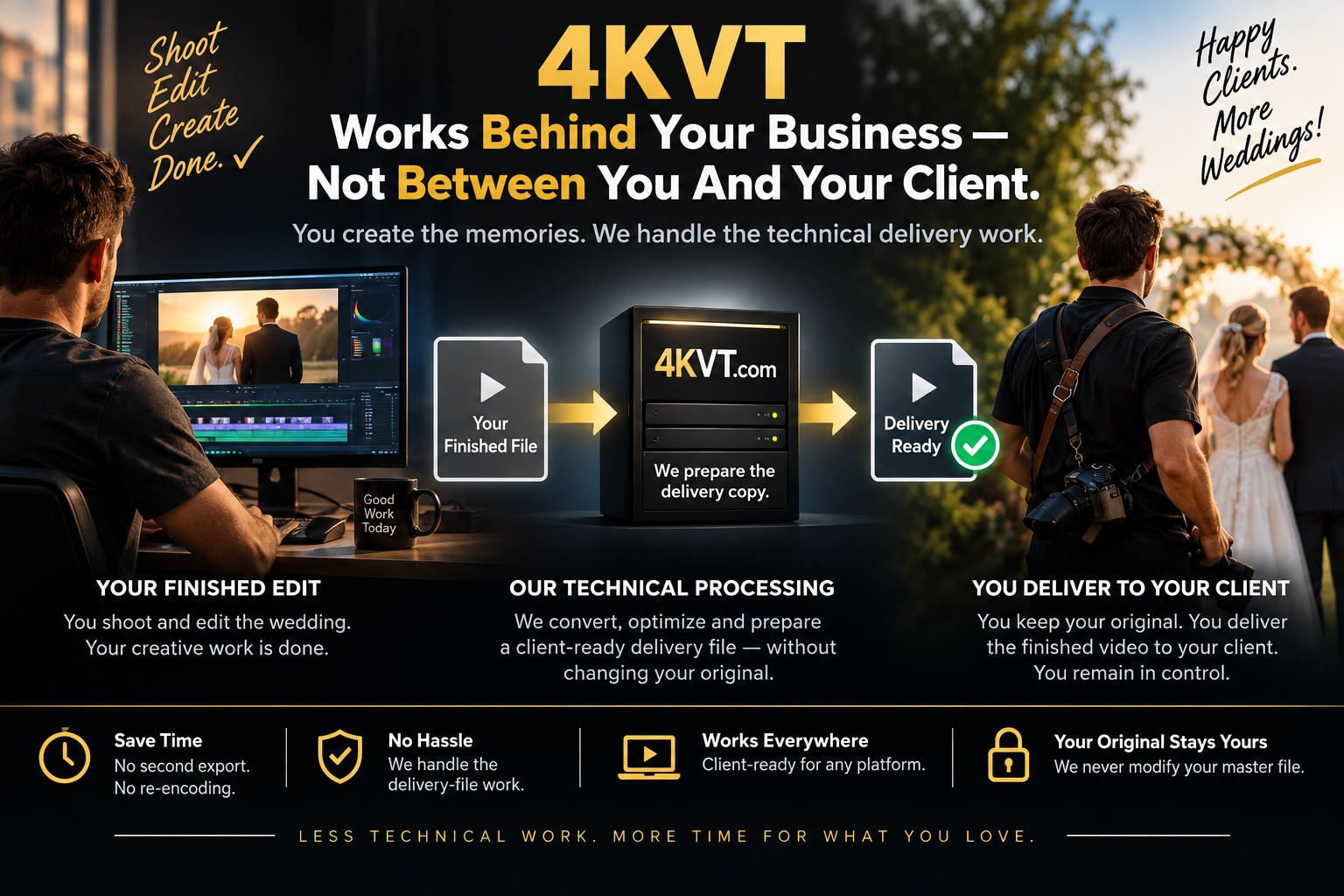 4KVT works behind your business, not between you and your client: you export your finished file, 4KVT prepares the delivery copy, you deliver to your client and keep your original