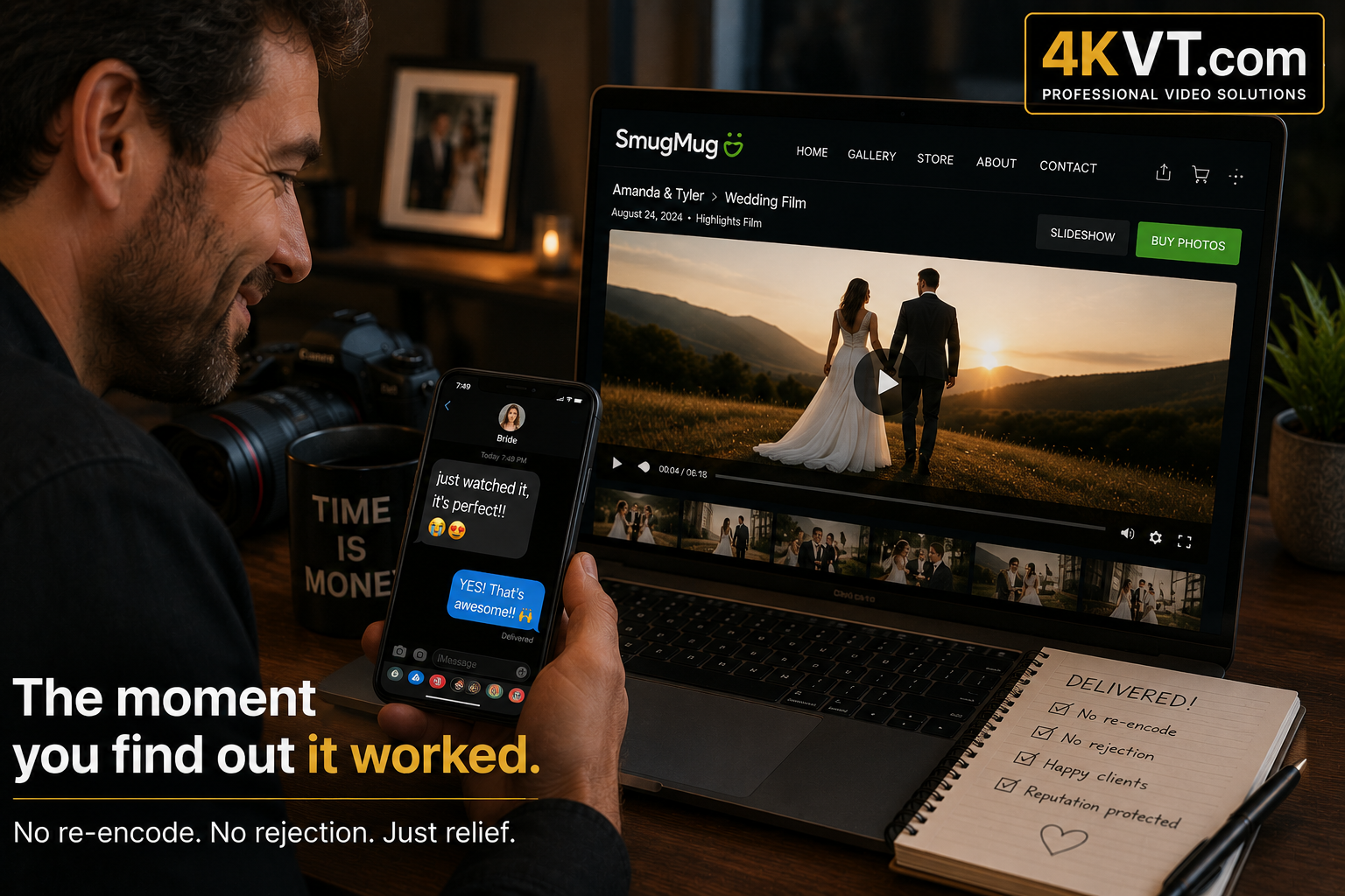 Wedding photographer reading a client's text message that says the video is perfect, while the finished film plays cleanly in their SmugMug gallery