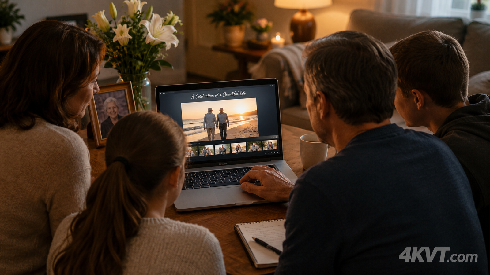 Family gathered together viewing a completed memorial tribute video