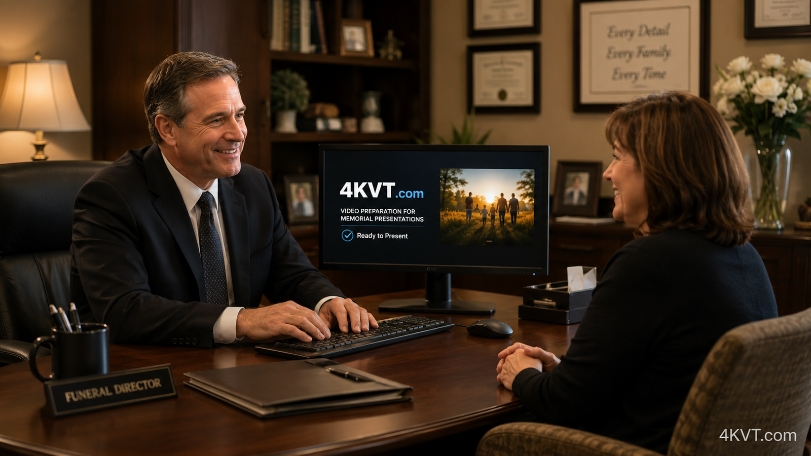 Funeral director with 4KVT on monitor helping a client