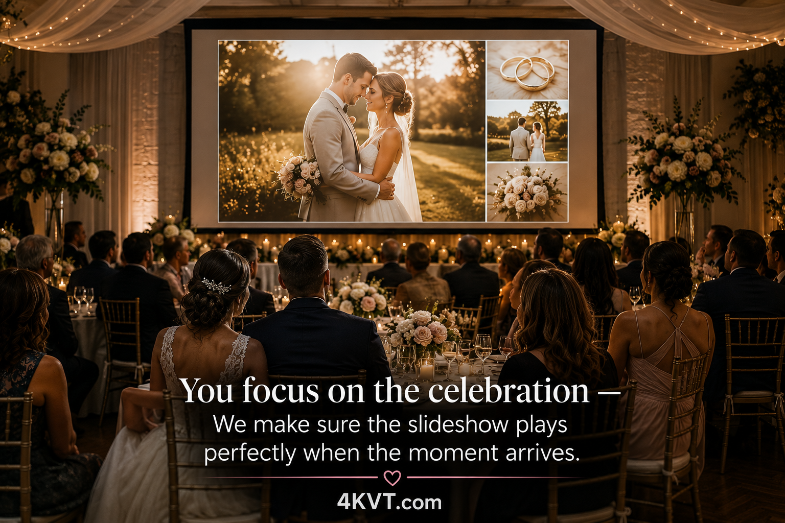 Wedding reception banquet slideshow playing successfully on venue screen — 4KVT video preparation