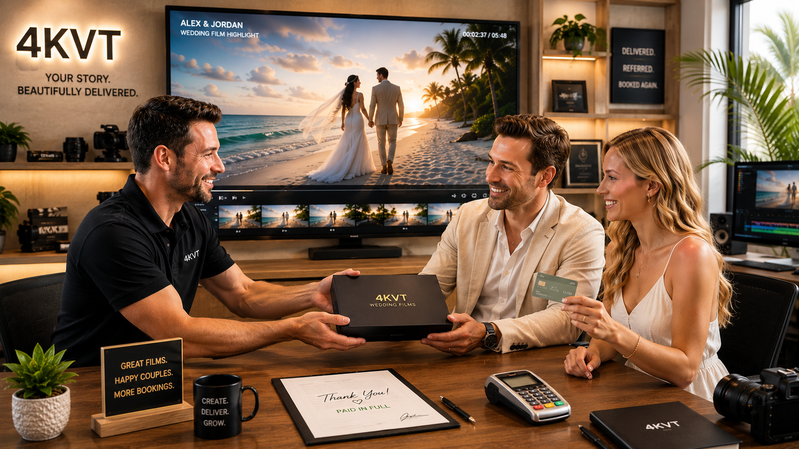 Wedding videographer delivering finished film to happy couple — paid in full